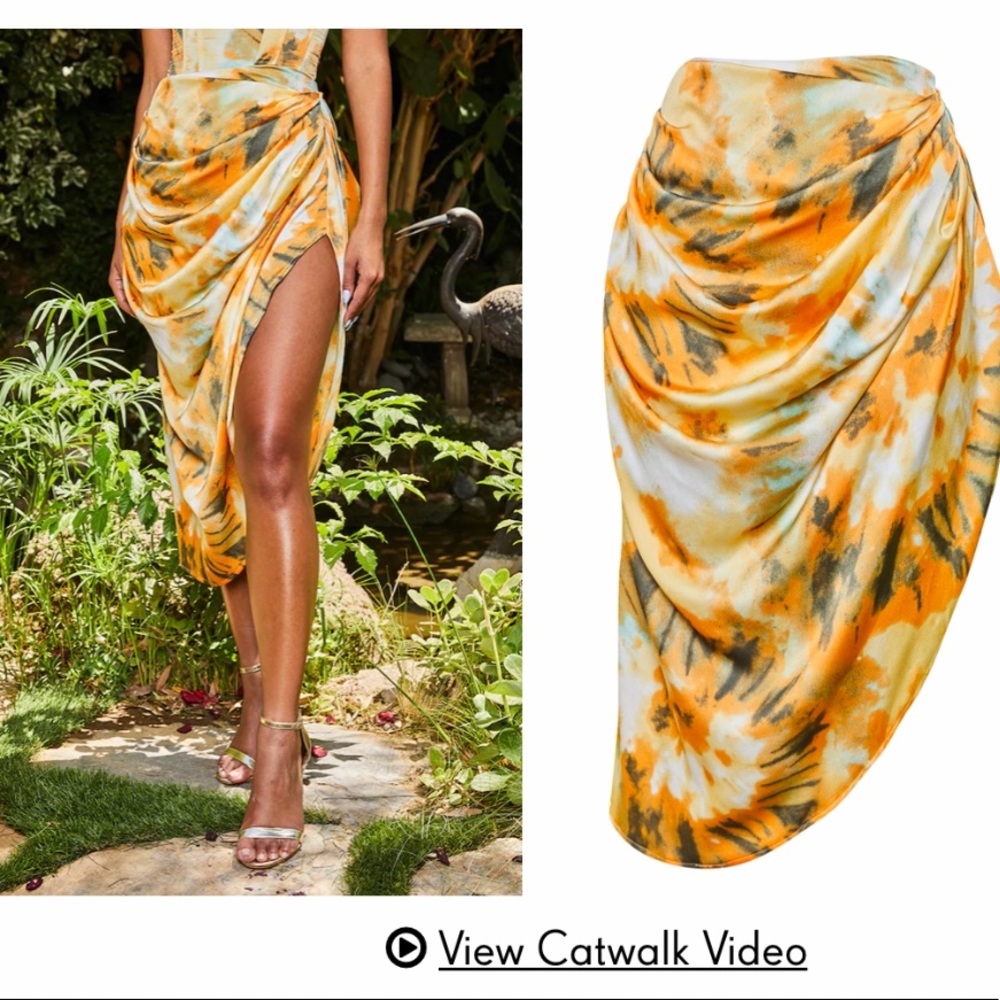 Orange Tie Dye Ruched Side Midi Skirt
